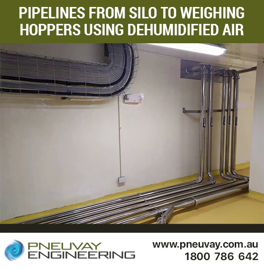 Pipelines from silo to weighing hopper using dehumidified air