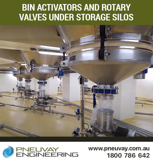 Bin activators and rotary valves under storage silos