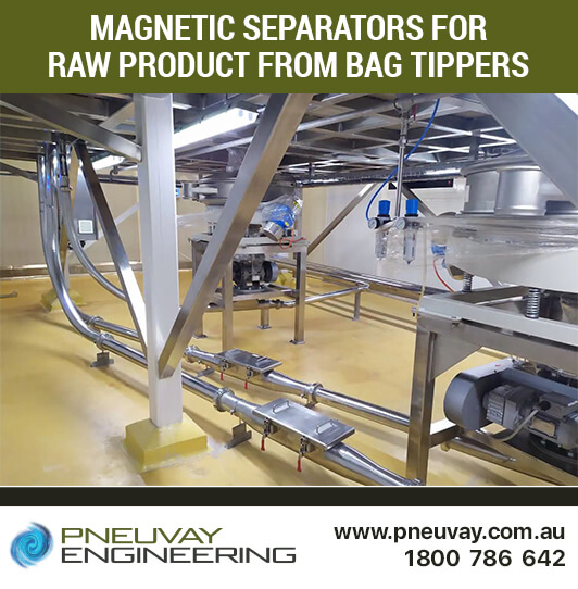 Magnetic separators for raw product from bag tippers