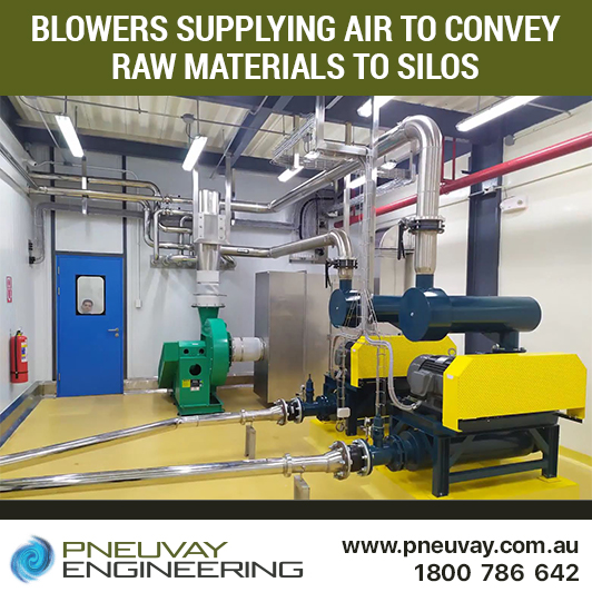 Pressure blowers supply air for conveying of raw materials to silos