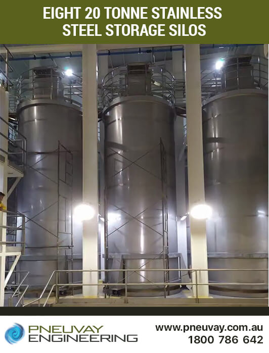 Eight 20 tonne stainless steel storage silos