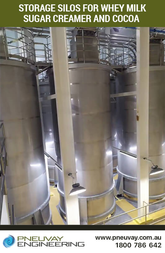 Storage silos for whey milk sugar creamer and cocoa