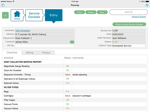 Screenshot of service docket report with link to previous service history